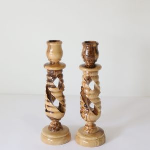 Small Olive Wood Spiral Candlestick Set