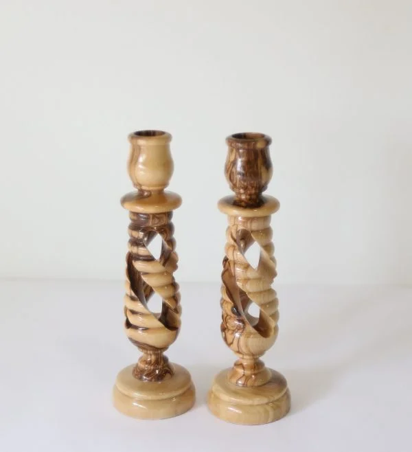Small Olive Wood Spiral Candlestick Set